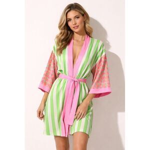 Drunk In Love Green Pink Striped Kimono Robe One Size
